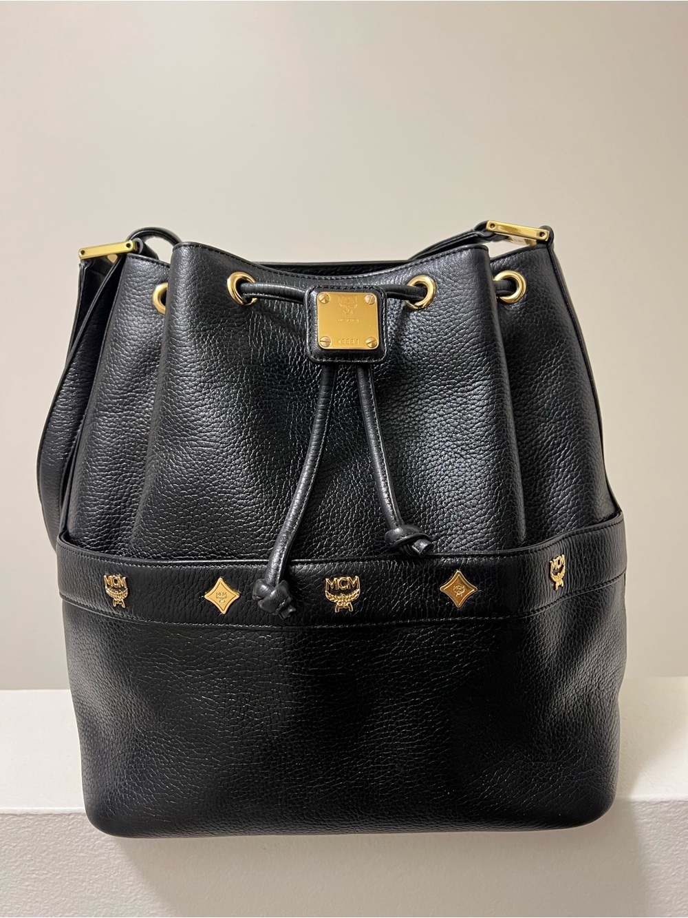 MCM Black Leather Drawstring Bucket Bag